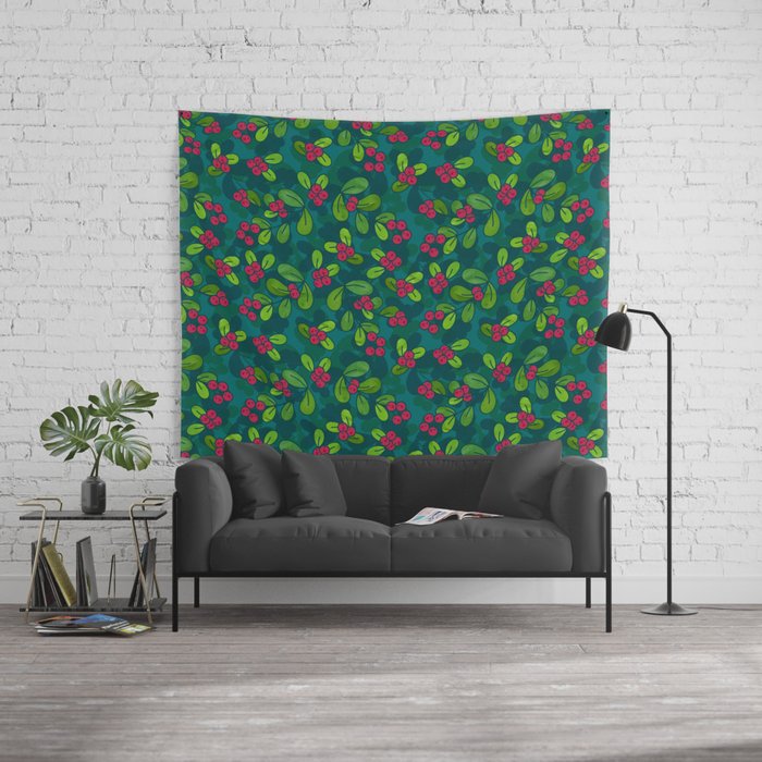 Green & Teal Cranberry Illustrated Pattern Tapestry @ Society6