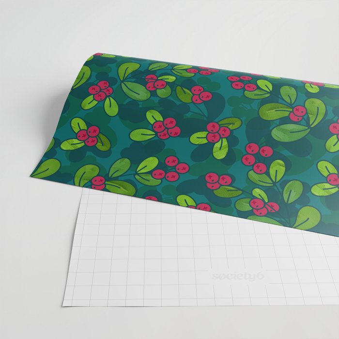 Green & Teal Cranberry Illustrated Pattern Wrapping Paper @ Society6
