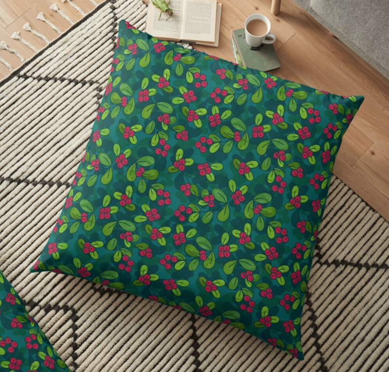 Green & Teal Cranberry Illustrated Pattern Floor Pillow @ RedBubble