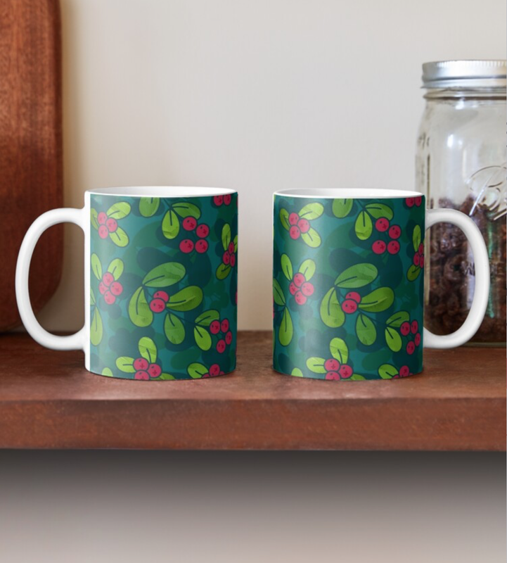 Green & Teal Cranberry Illustrated Pattern Mug @ RedBubble