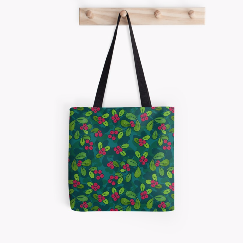 Green & Teal Cranberry Illustrated Pattern Tote Bag @ RedBubble