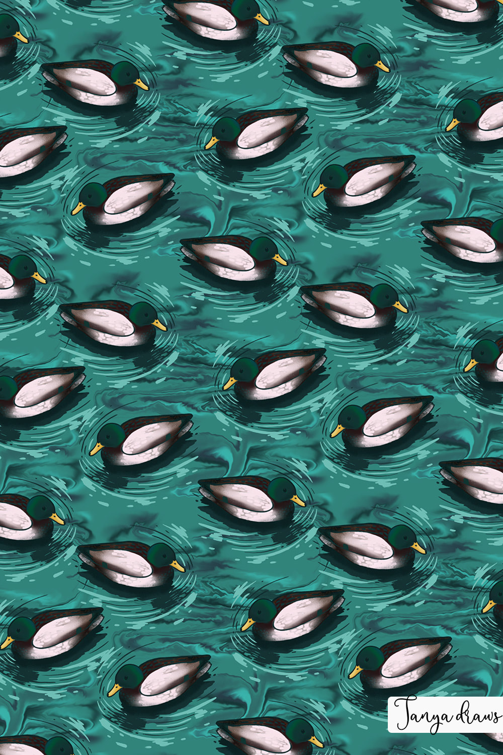Mallards Swimming in the Water Illustration Pattern