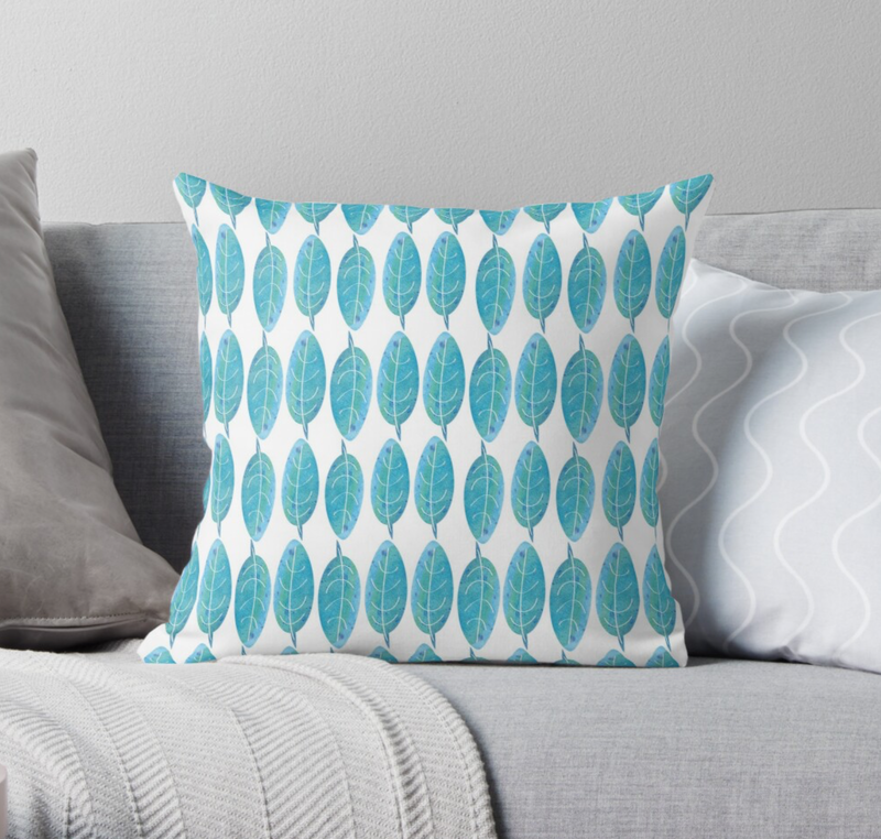Blue Modern Watercolour Leaf Pattern Throw Pillow @ RedBubble