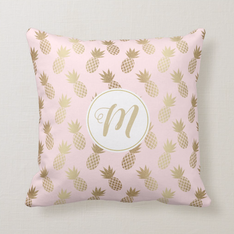 Monogram Pink and Gold Pineapple Pattern Throw Pillow from Zazzle