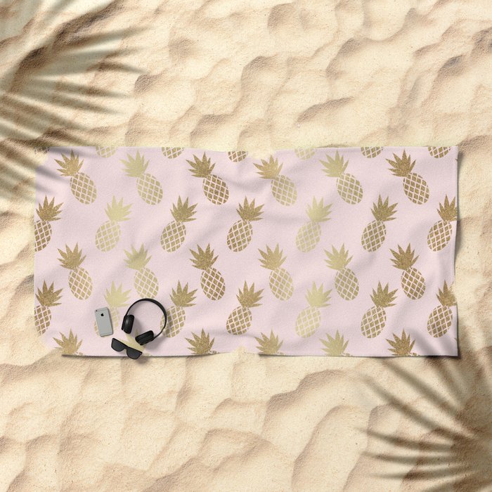 Pink and Gold Pineapple Pattern Beach Towel from Society6