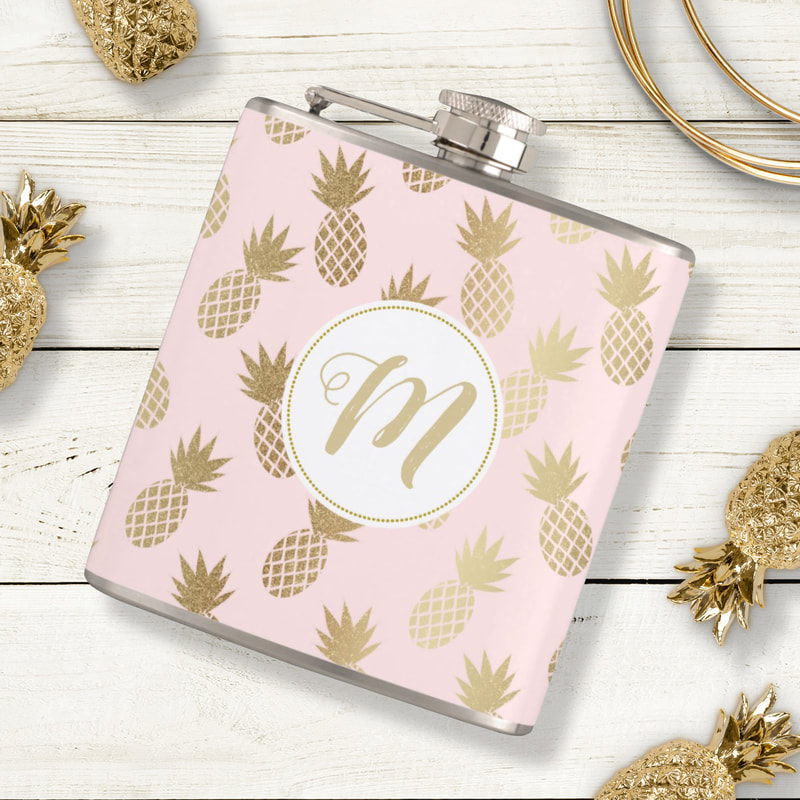 Monogram Pink and Gold Pineapple Pattern Flask from Zazzle