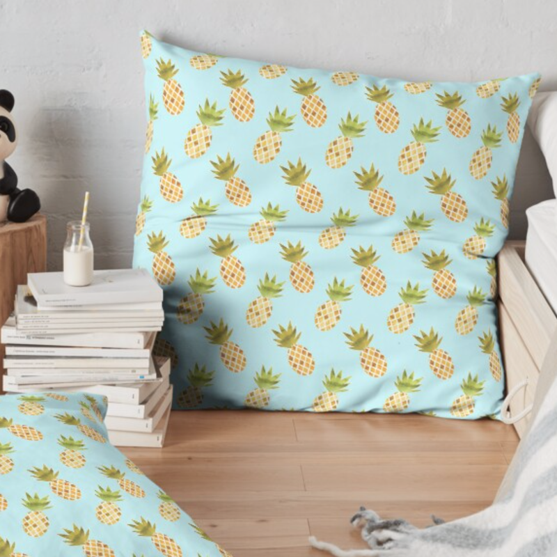 Watercolour Pineapple Pattern Floor Pillow - TanyaDraws @ RedBubble