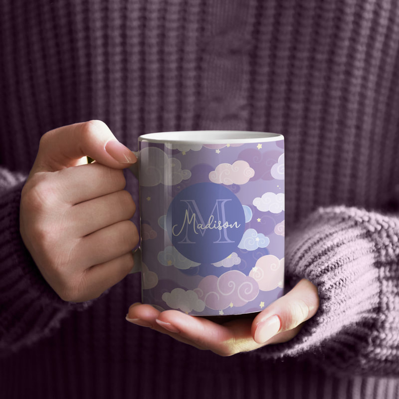 Personalized monogram 11 oz mug in Purple stars & clouds pattern