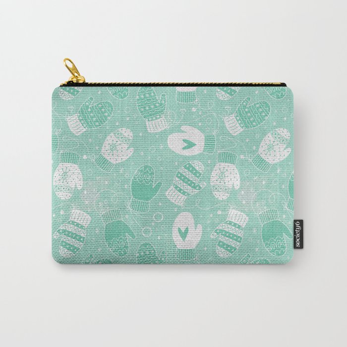 Winter Mittens Pattern in Mint Green Carry All Pouch @ Society6