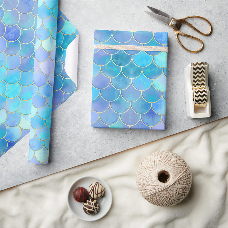 Aqua Pearlescent Pattern Mermaid Scale Wrapping Paper