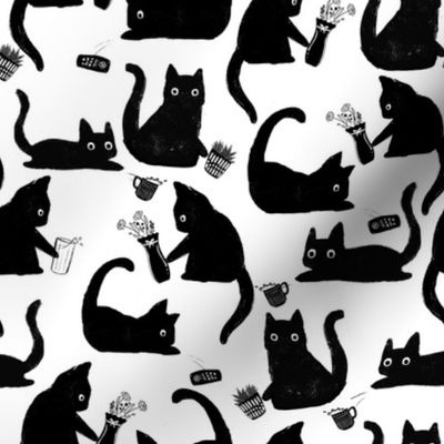 Bad Black Cats Knocking Stuff Over Drawing Fabric