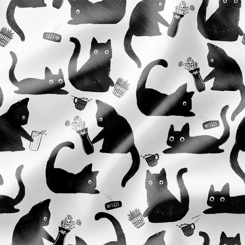 Bad Black Cats Knocking Stuff Over Patterned Fabric from Zazzle