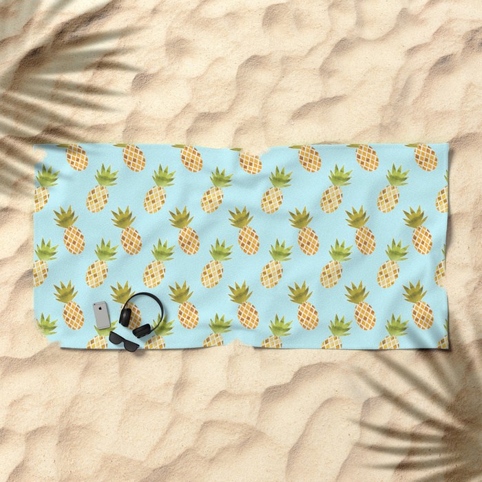 Tropical Watercolour Pineapple Pattern Beach Towels - TanyaDraws @ Society6