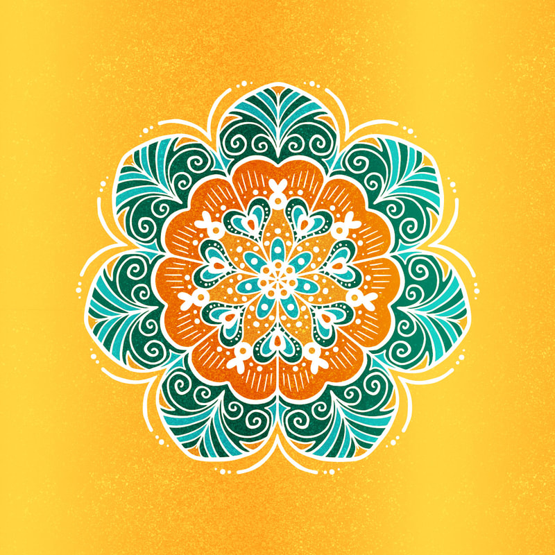 Bright yellow, blue and orange floral mandala drawing by TanyaDraws