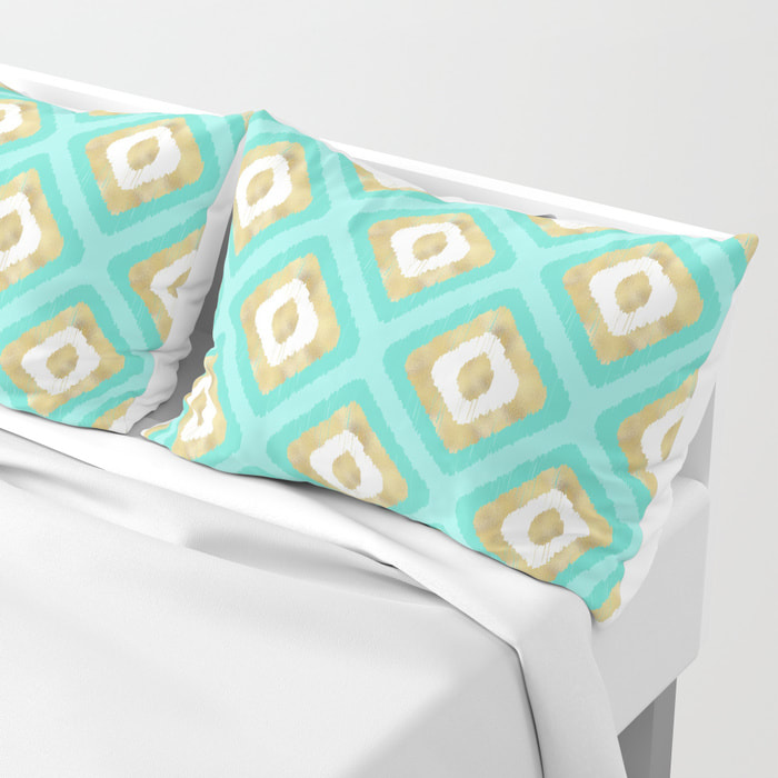 Aqua & Gold Ikat Pattern Pillow Cover Set - TanyaDraws @ Society6