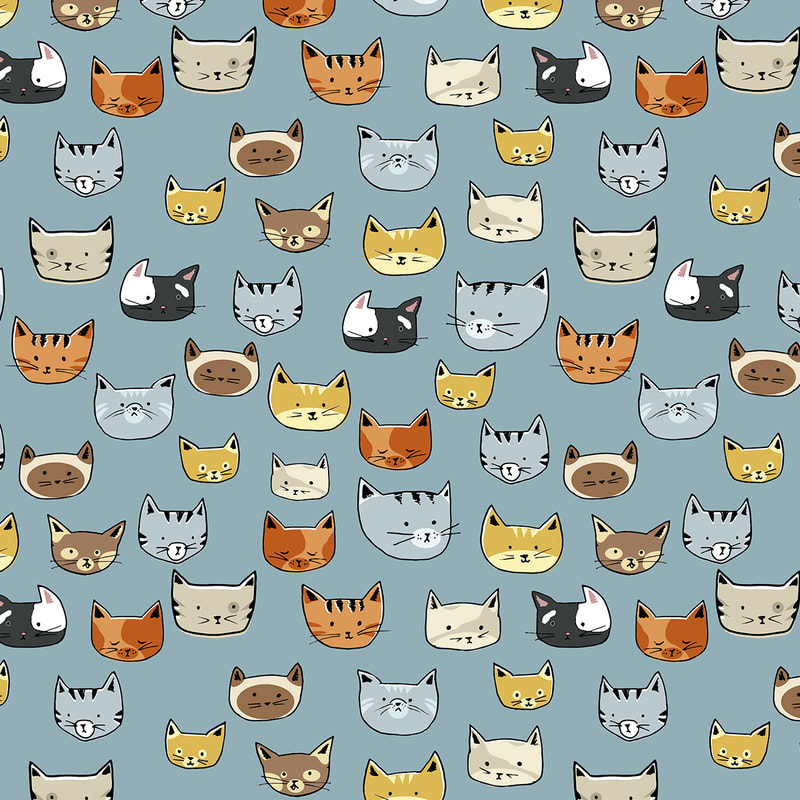 Cat Face Doodle Pattern on Grey