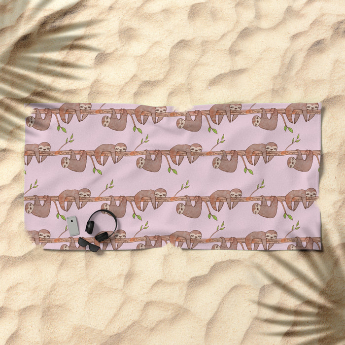 Pink Baby Sloth Pattern Beach Towel