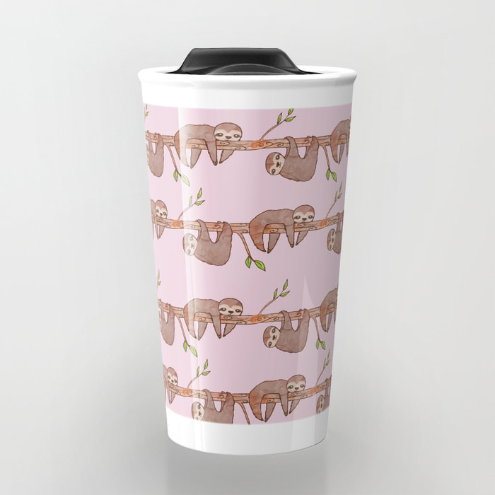 Pink Lazy Baby Sloth Pattern Travel Mug