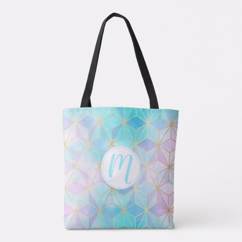 Iridescent Pastel & Gold Geometric Pattern & Custom Monogram Tote Bag