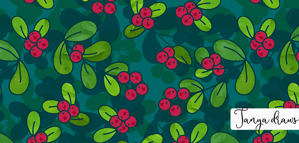 Teal Cranberries Illustration Pattern
