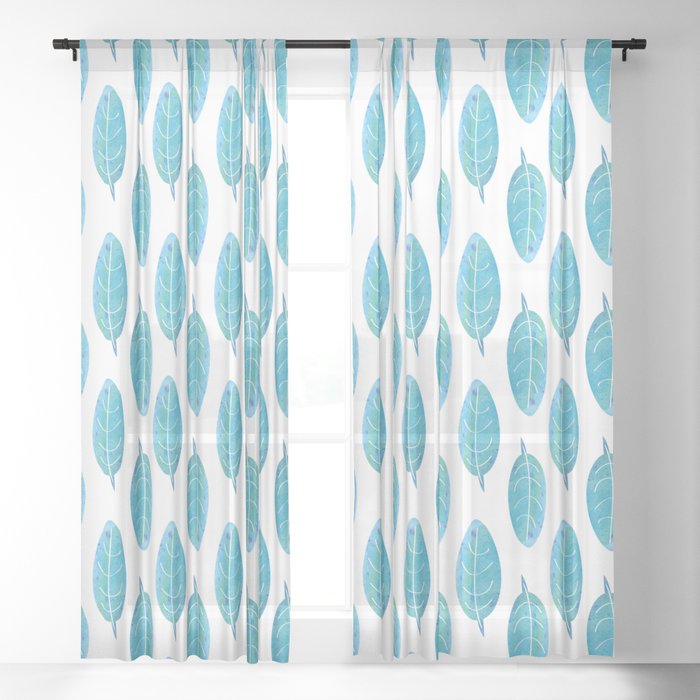 Blue Modern Watercolour Leaf Pattern Sheer Curtain Set @ Society6