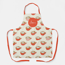 Cute Latte Art & Red Mugs Patterned Apron with Custom Name & Colour 