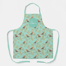Vintage European robin Patterned Mint Green Apron with Custom Name