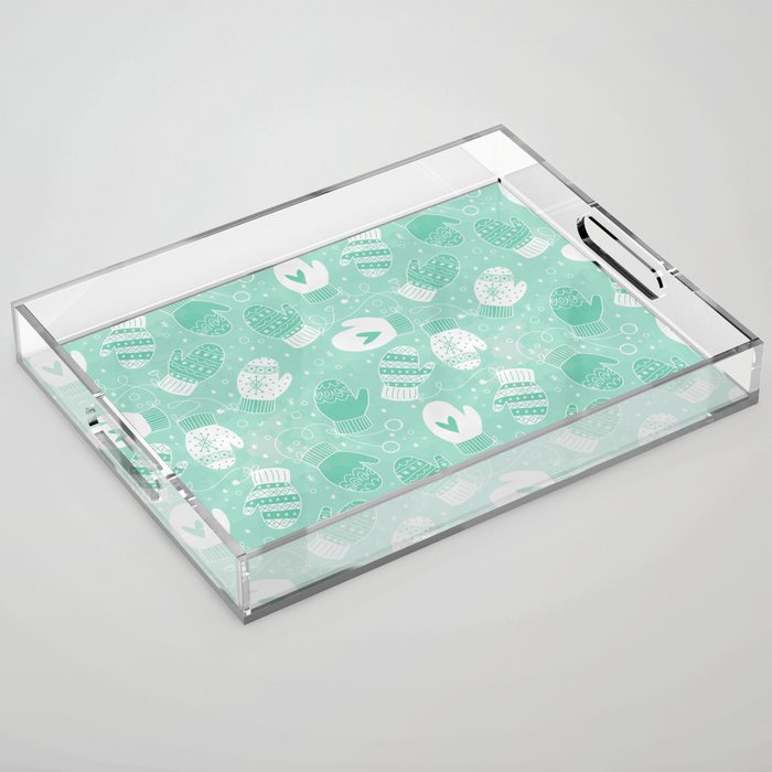 Winter Mittens pattern in Mint green Acrylic Serving Tray @ Society6