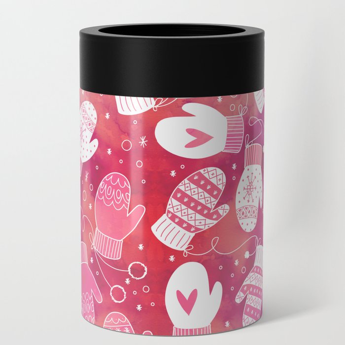 Winter Mittens in Pink Pattern Can Cooler @ Society6