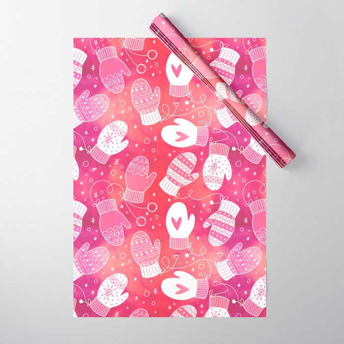 Winter Mittens in Pink Pattern Wrapping Paper @ Society6