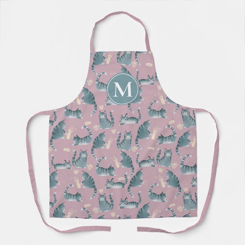 Funny bad grey tabby cats knocking stuff over patterned apron with custom monogram